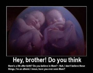 Atheist vs theist baby talking about Mom